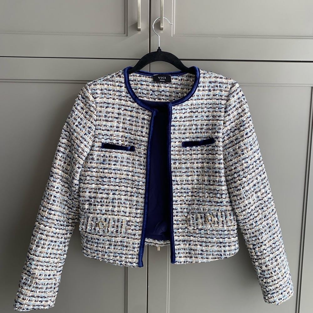 Vici Tweed Blazer with Velvet Navy Trim
